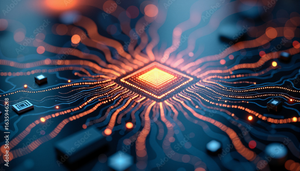 Poster s a close up of a computer circuit board with a bright orange and yellow light emanating from the ce