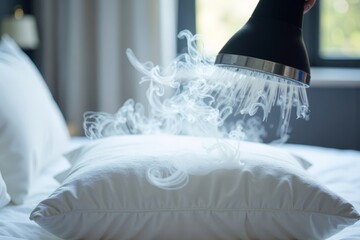 Intense Close-Up of Steam Machine Eradicating Bed Bugs from Pillow