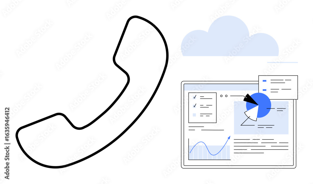 Poster large phone receiver next to an analytics dashboard featuring graphs and pie chart under a blue clou