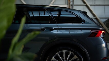 Obraz premium Modern dark gray suv parked in a garage with blurred greenery in foreground