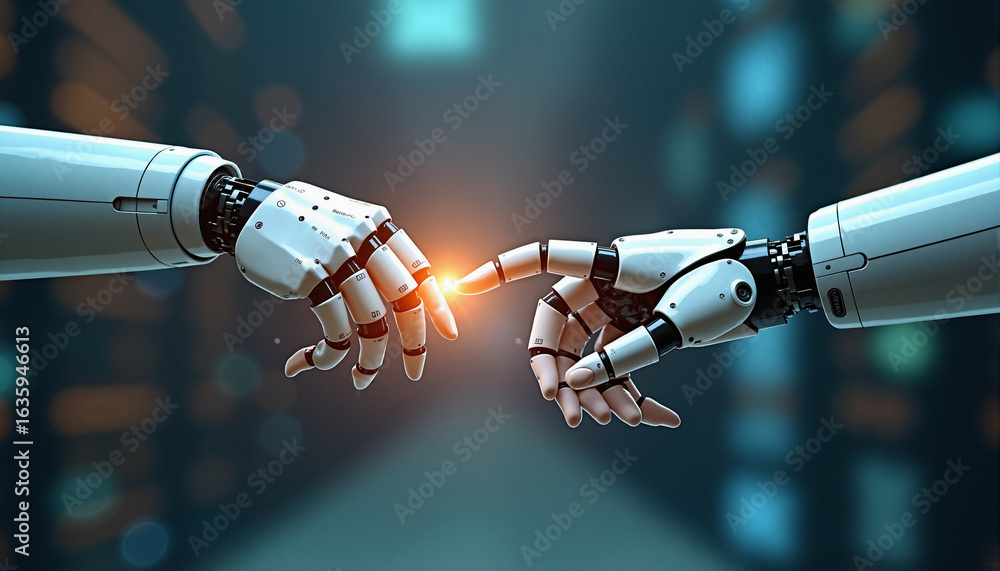 Poster s two robots shaking hands in front of a cityscape