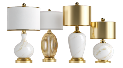 Four lamps with white/gold shades and marble/gold bases on black
