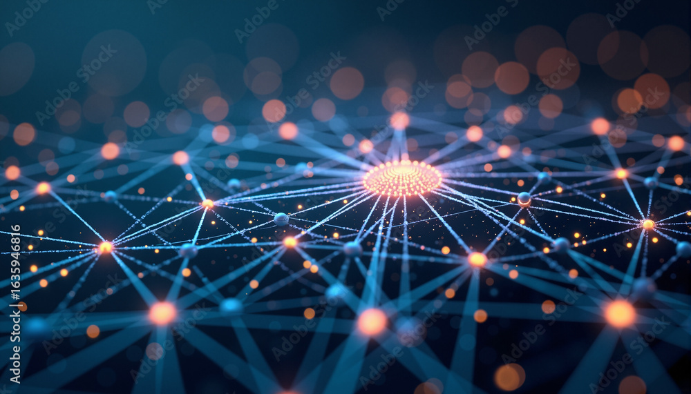Poster s a network of connected lines and dots on a dark blue background