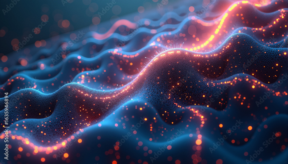 Poster s a close up of a red and blue abstract background with wavy lines and dots