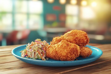 Crispy fried chicken and coleslaw on a plate.