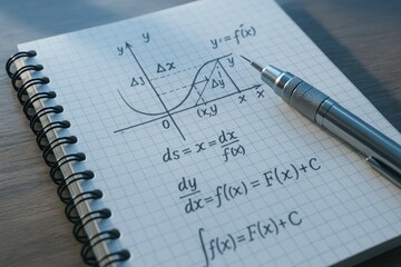 Mathematical equations and graph plotted on grid paper with silver pen on wooden desk