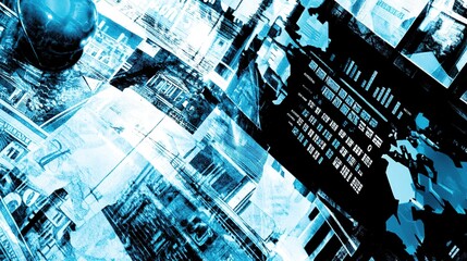 Abstract digital collage, layered with data visualizations, maps, and graphical elements