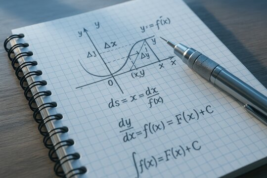 Mathematical equations and graph plotted on grid paper with silver pen on wooden desk