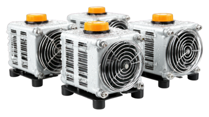 Four silver cubes with grilles and orange tops sit on dark bases