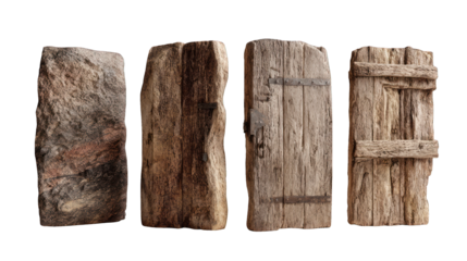 Four textured, aged wooden doors with varying designs on a black background