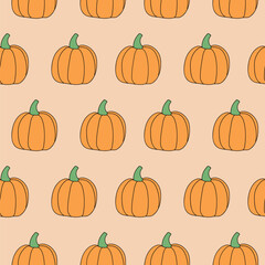 Vector seamless pattern with outline pumpkins in doodle style. Halloween or thanksgiving background and texture.