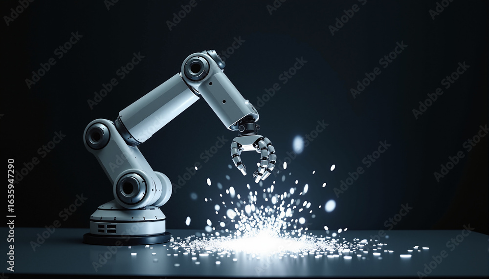 Poster s a robotic arm with sparks coming out of it against a dark background. the robotic arm is on the le