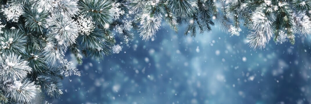 Snow-covered pine branches frame a serene winter landscape with falling snowflakes and a blue background - Powered by Adobe