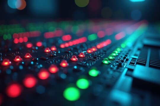 Macro shot of blinking server LEDs with shallow depth of field