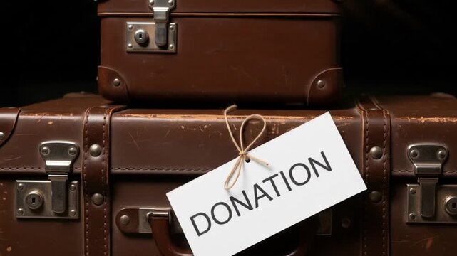 Brown leather suitcases stacked with a donation tag on International Day of Charity