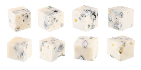 Set of beautifully retouched blue cheese cubes isolated on white