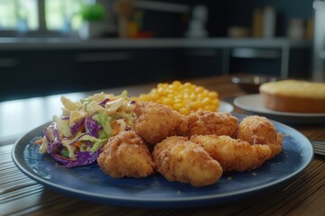 Crispy fried food served with coleslaw and corn.