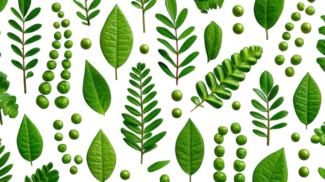 Green leaves and berries arranged on a dark background, creating a pattern