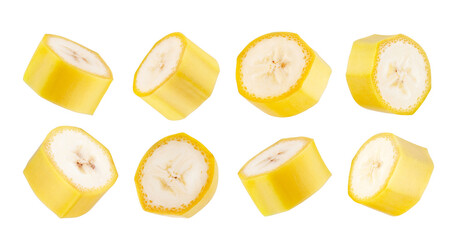 Set of unpeeled banana pieces. Isolated on white