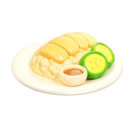 3D Chicken Rice with Sauce and Cucumber in Toy Style food icon illustration