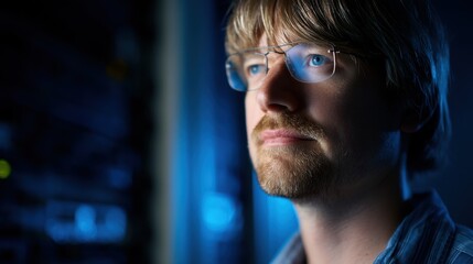 A person with short light hair and beige facial hair wearing glasses stands in a dark room filled with servers and compu