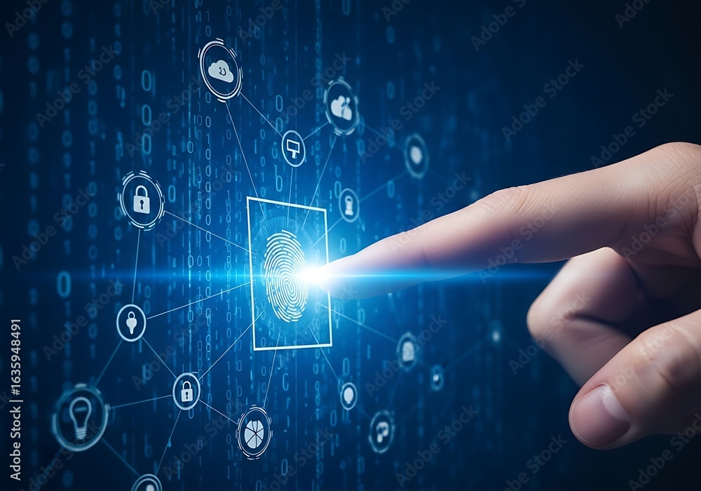 Poster fingerprint scan technology for biometric security and digital identification, with interconnected i