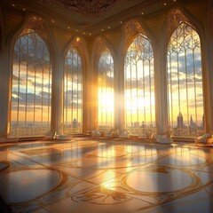 Obraz premium Ornate Grand Hall Bathed in Golden Sunset Light, Showcasing Magnificent Architecture and City Views