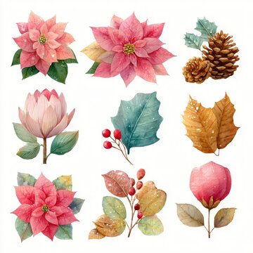 Fototapeta Beautiful collection of hand-painted seasonal flowers and leaves in soft pastel colors arranged in a grid format