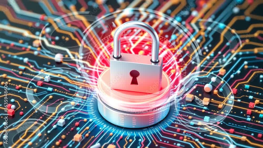 Poster digital fortress: a captivating visual metaphor depicting cyber security, where a digital lock symbo