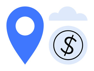 Blue location pin next to a dollar icon and cloud, symbolizing financial planning, GPS, digital payments, location-based services, technology innovation, cloud storage, and data management using