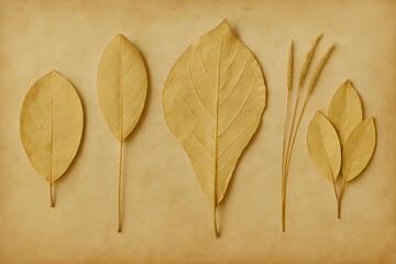 Series of Dried Tropical Leaves (Monochrome Pale-Yellow) on Aged Archive Paper_2