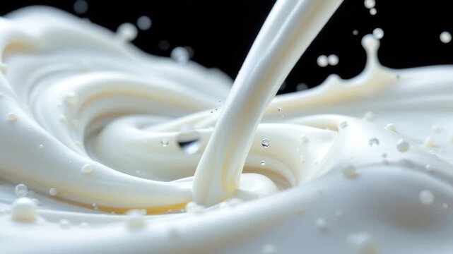 Milk Pouring: A stream of fresh, creamy milk cascades gracefully, creating dynamic swirls and droplets that dance in the frame, conveying a sense of purity and freshness.