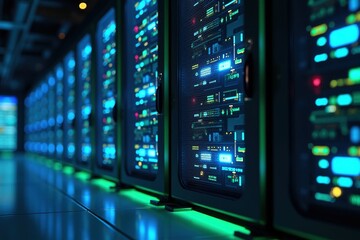Row of illuminated server racks in a dark data center