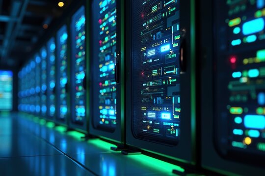 Row of illuminated server racks in a dark data center - Powered by Adobe