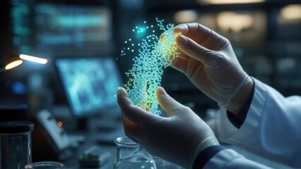 Scientist handling a holographic molecular structure
