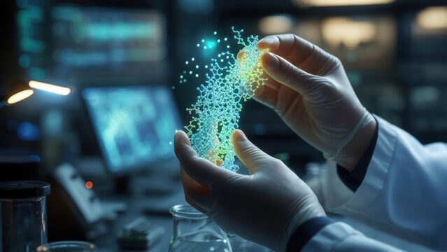 Scientist handling a holographic molecular structure