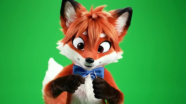 Playful Red Fox Fursuit Character with Blue Bow Tie Interacting on Green Screen Background for Chroma Key Post Production Stock Footage and Animation Projects Isolated Vulpini Vulpes Vulpes