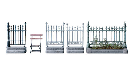 Ornate iron fence sections and chair on stone bases