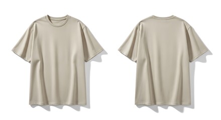 Beige blank tshirt isolated on white background, front and back view