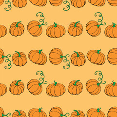 Vector seamless pattern with outline pumpkins in doodle flat style. Halloween or thanksgiving background and texture.