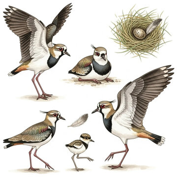 Southern Lapwing: Behavior, Nest, and Chick Watercolor illustration of Southern Lapwings (Vanellus chilensis) in various poses
