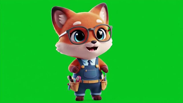 Adorable 3D Animation of Cute Fox with Glasses Wearing Construction Clothes Isolated on Green Screen Background Charming Cartoon Fox Mascot Ready for Digital Projects and Educational Resources Stock