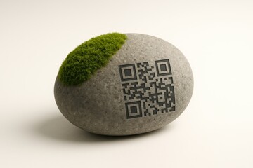Creative stone with QR code and green moss for modern digital interaction