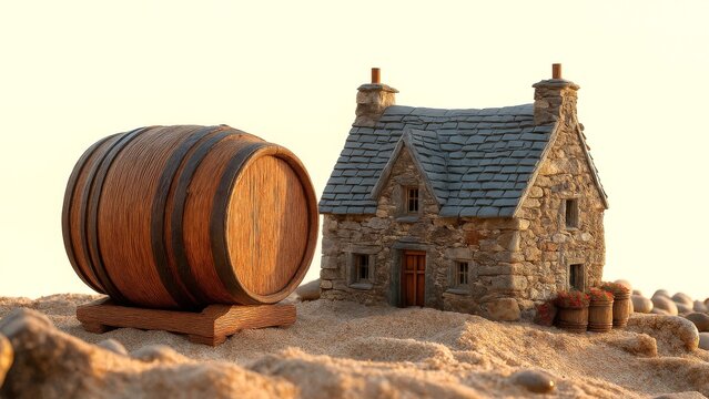 Whisky distillery model with barrel near sandy shore at sunset