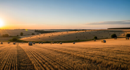 Golden sunrise over a vast harvested field filled with numerous round hay bales on rolling hills.