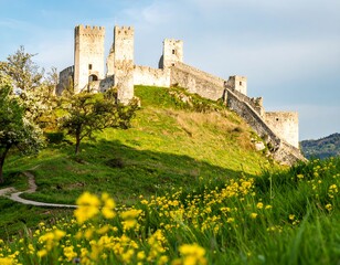 Ancient castle on a grassy hill, yellow flowers