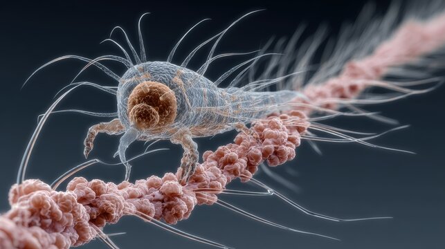 Macro view of translucent Demodex folliculorum mite on eyelash follicle causing irritation