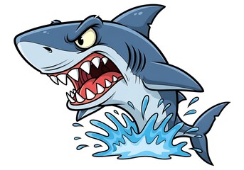 Naklejka premium Cartoon shark with an angry expression jumping out of the water, showing its teeth.