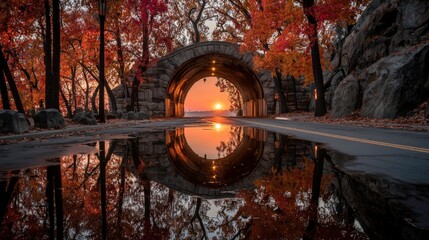 Autumn sunrise tunnel reflected in puddle