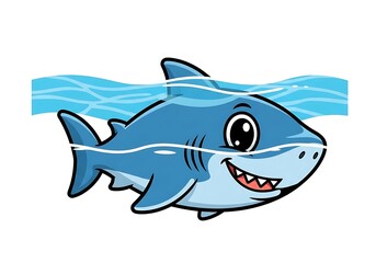 Obraz premium Cartoon shark swimming underwater with a cheerful expression, visible teeth, and stylized waves.